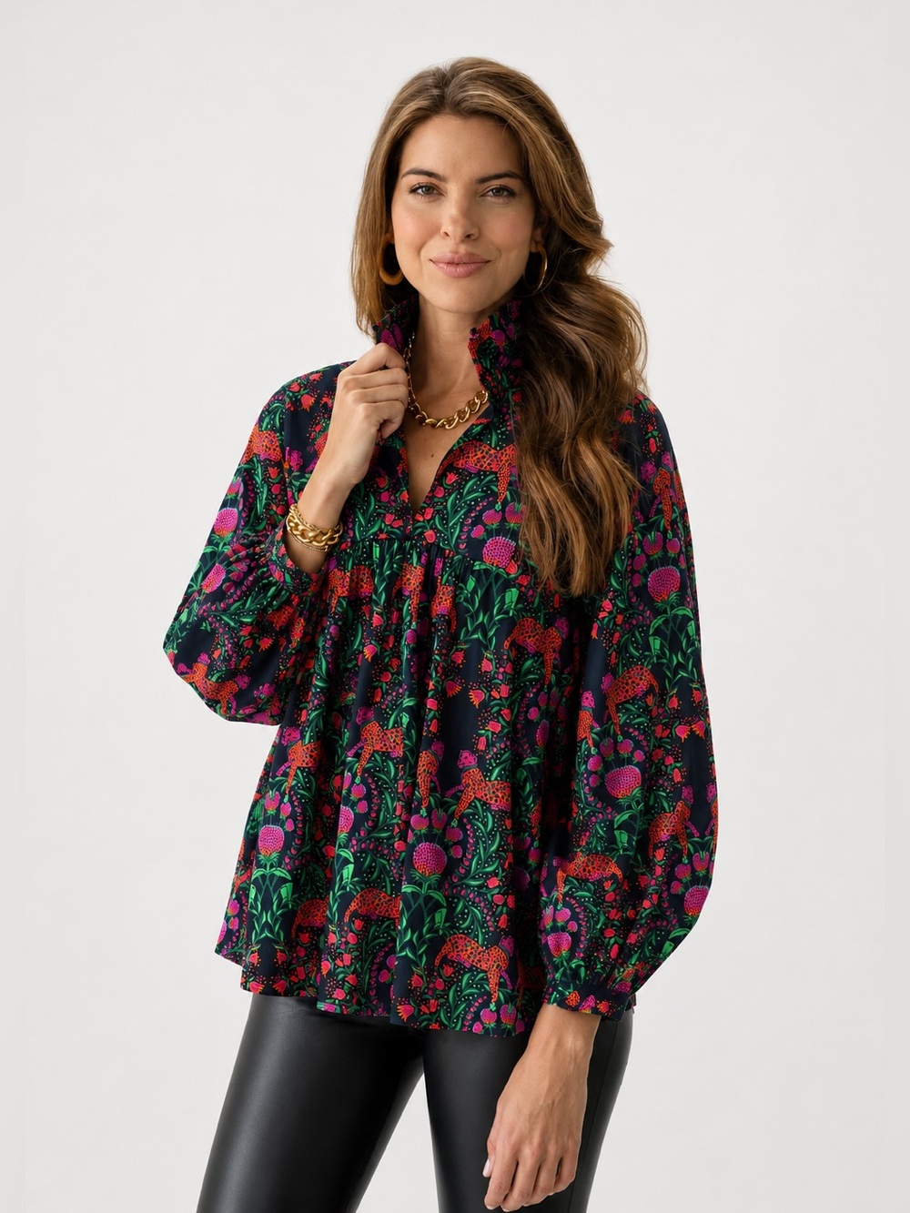 Emily McCarthy Stella Tribal  Leopard Floral Print Popover Blouse Size Medium